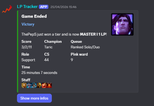 LP Tracker — Victory notification with KDA and items in Discord